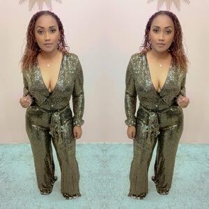 Sequin Wrap Jumpsuit in Gold